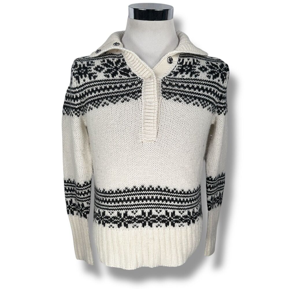 J. Crew Sweater Womens Medium Ivory Black‎ Fair Isle Knit Mohair Wool Acrylic